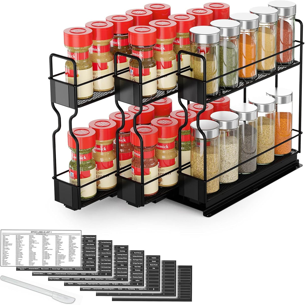 Pull Out Spice Rack Organizer for Cabinet, Heavy Duty Slide Out Seasoning Kitchen Organizer, Cabinet Organizer, with Labels, 5.2" W x10.75 D x10 H, 2 Drawers 2-Tier