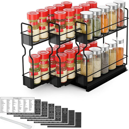 Pull Out Spice Rack Organizer for Cabinet, Heavy Duty Slide Out Seasoning Kitchen Organizer, Cabinet Organizer, with Labels, 5.2" W x10.75 D x10 H, 2 Drawers 2-Tier