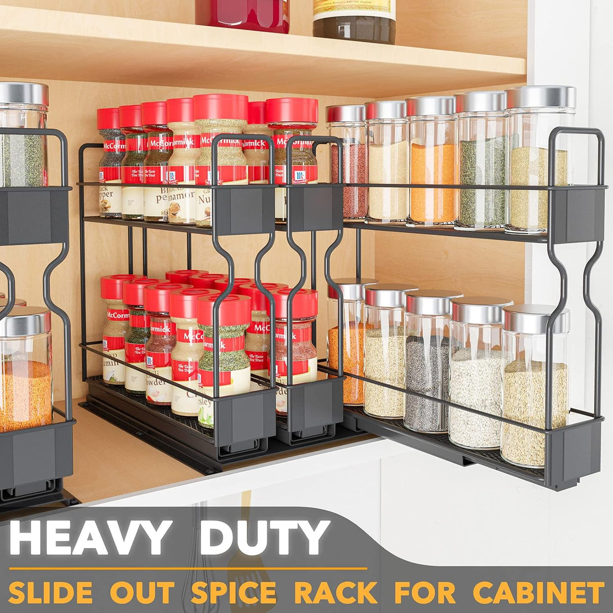 Pull Out Spice Rack Organizer for Cabinet, Heavy Duty Slide Out Seasoning Kitchen Organizer, Cabinet Organizer, with Labels, 5.2" W x10.75 D x10 H, 2 Drawers 2-Tier