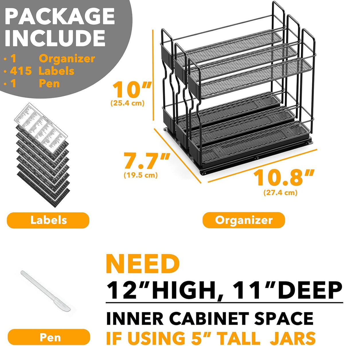 Pull Out Spice Rack Organizer for Cabinet, Heavy Duty Slide Out Seasoning Kitchen Organizer, Cabinet Organizer, with Labels, 5.2" W x10.75 D x10 H, 2 Drawers 2-Tier