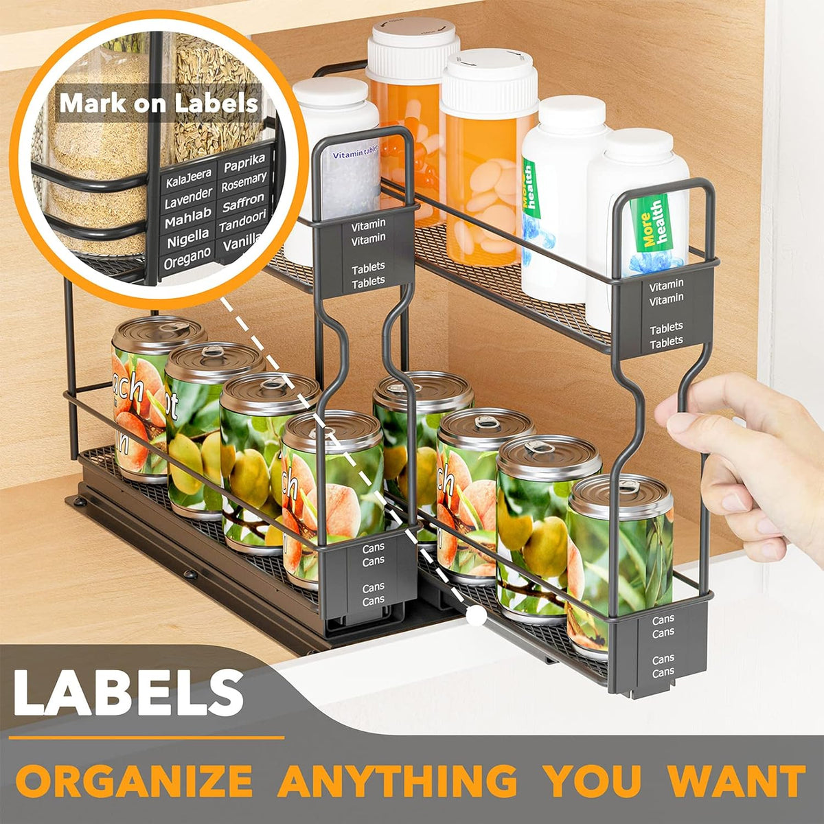 Pull Out Spice Rack Organizer for Cabinet, Heavy Duty Slide Out Seasoning Kitchen Organizer, Cabinet Organizer, with Labels, 5.2" W x10.75 D x10 H, 2 Drawers 2-Tier