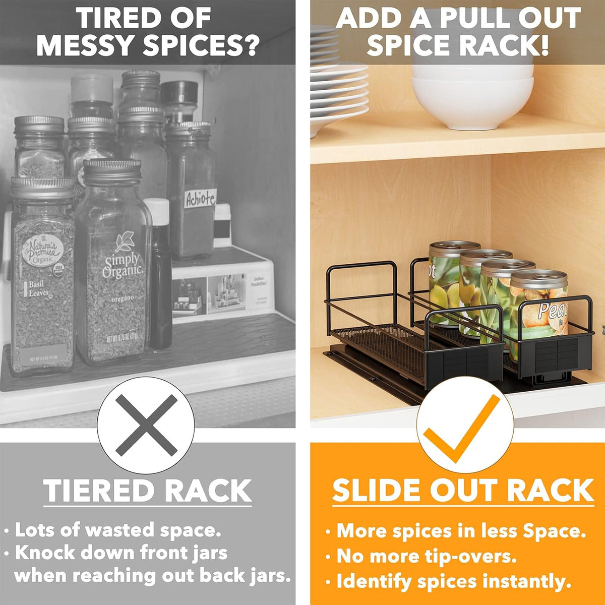 Pull Out Spice Rack Organizer for Cabinet, Heavy Duty Slide Out Seasoning Kitchen Organizer, Cabinet Organizer, with Labels, 5.2" W x10.75 D x10 H, 2 Drawers 2-Tier
