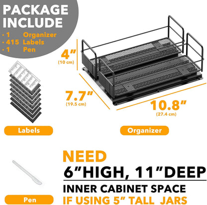 Pull Out Spice Rack Organizer for Cabinet, Heavy Duty Slide Out Seasoning Kitchen Organizer, Cabinet Organizer, with Labels, 5.2" W x10.75 D x10 H, 2 Drawers 2-Tier