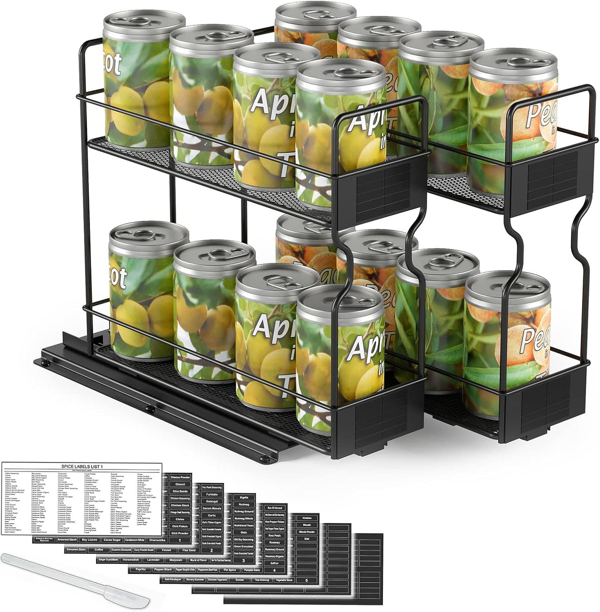 Pull Out Spice Rack Organizer for Cabinet, Heavy Duty Slide Out Seasoning Kitchen Organizer, Cabinet Organizer, with Labels, 5.2" W x10.75 D x10 H, 2 Drawers 2-Tier