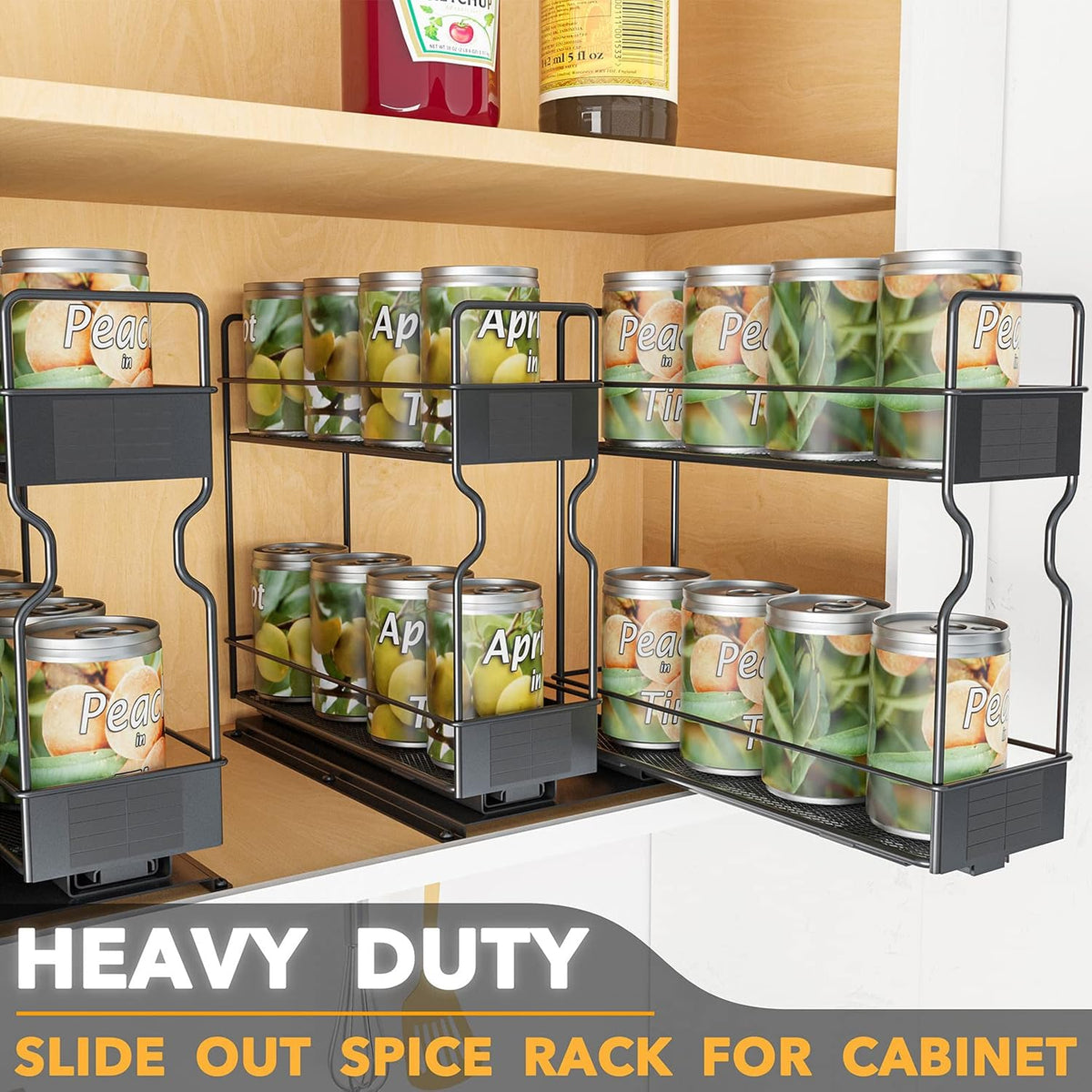 Pull Out Spice Rack Organizer for Cabinet, Heavy Duty Slide Out Seasoning Kitchen Organizer, Cabinet Organizer, with Labels, 5.2" W x10.75 D x10 H, 2 Drawers 2-Tier