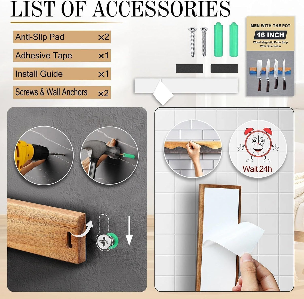 16" Magnetic Knife Holder for Wall, Magnetic Knife Strips