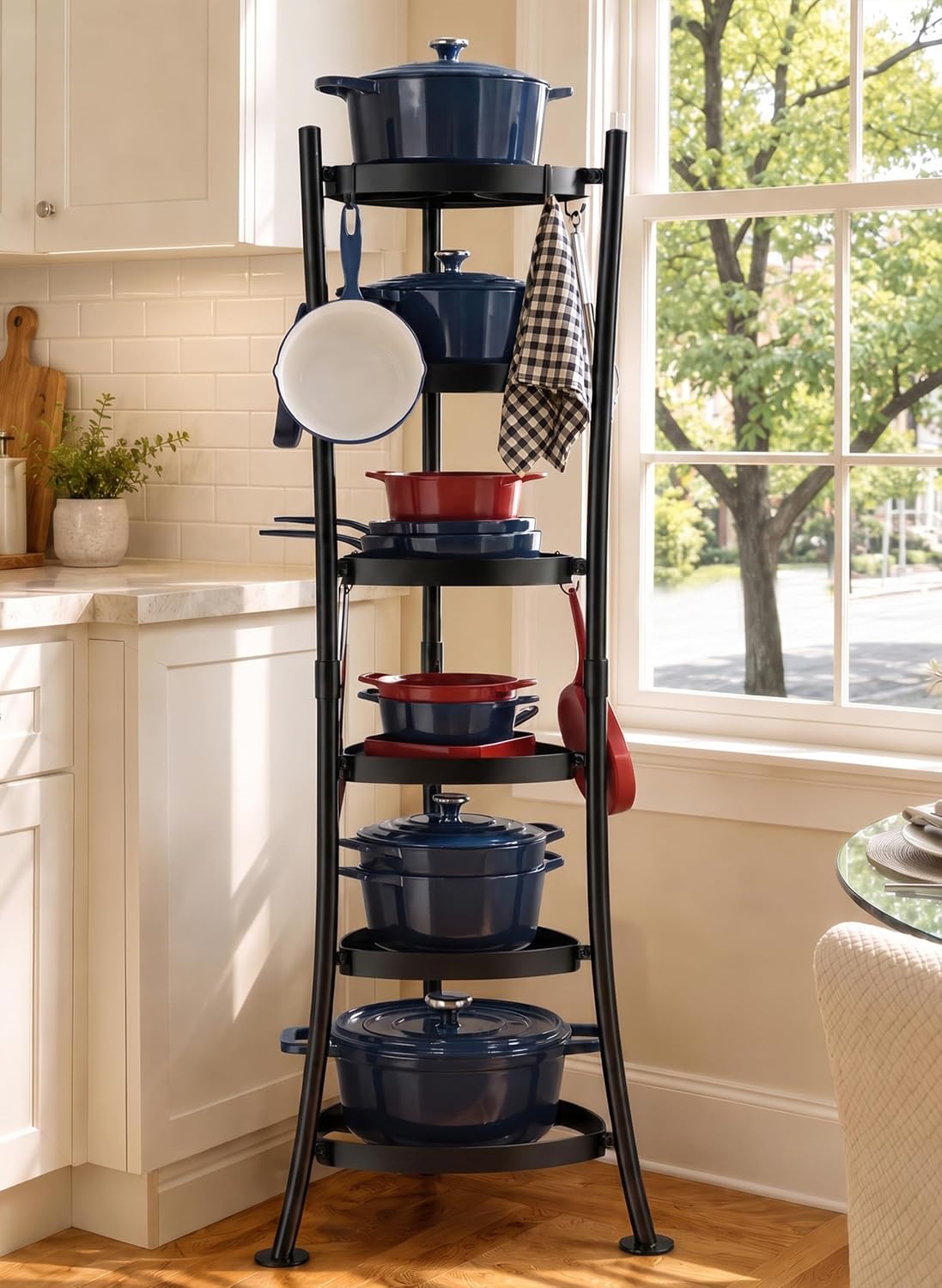 264 Lbs Capacity Freestanding Pot Rack, 6-Tier Cast Iron Cookware Stand with 6 Hooks, Pots and Pans Storage Tower for Kitchen Corner, Stable Base, Anti-tip Strap & Floor Protectors, Black