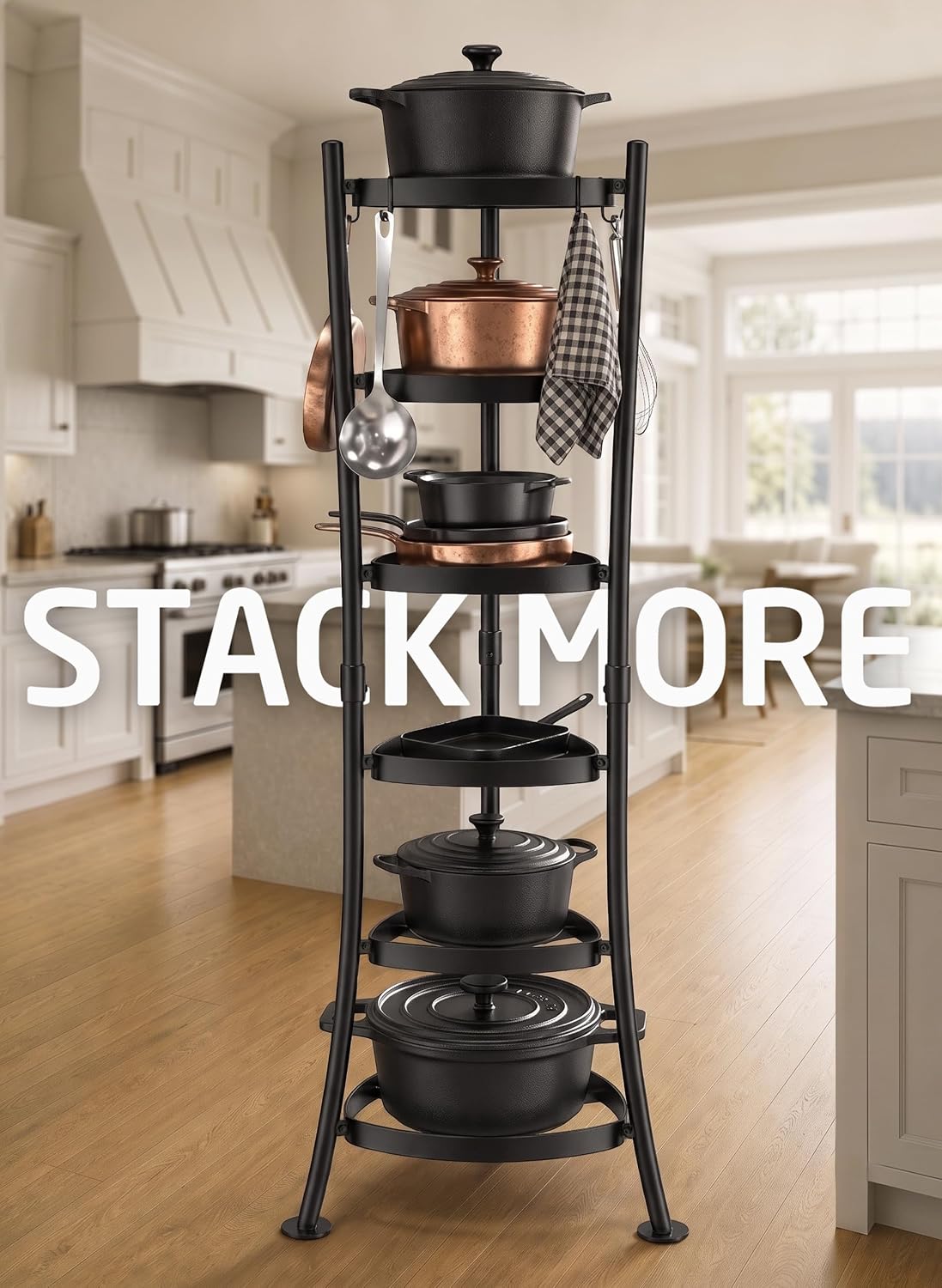 264 Lbs Capacity Freestanding Pot Rack, 6-Tier Cast Iron Cookware Stand with 6 Hooks, Pots and Pans Storage Tower for Kitchen Corner, Stable Base, Anti-tip Strap & Floor Protectors, Black
