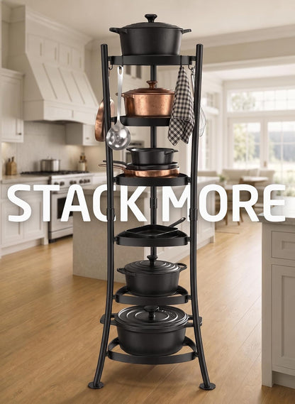 264 Lbs Capacity Freestanding Pot Rack, 6-Tier Cast Iron Cookware Stand with 6 Hooks, Pots and Pans Storage Tower for Kitchen Corner, Stable Base, Anti-tip Strap & Floor Protectors, Black