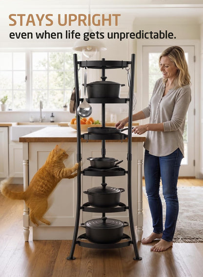 264 Lbs Capacity Freestanding Pot Rack, 6-Tier Cast Iron Cookware Stand with 6 Hooks, Pots and Pans Storage Tower for Kitchen Corner, Stable Base, Anti-tip Strap & Floor Protectors, Black