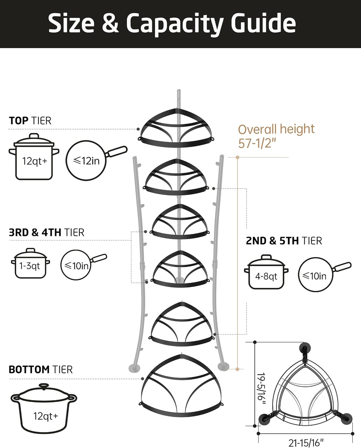 264 Lbs Capacity Freestanding Pot Rack, 6-Tier Cast Iron Cookware Stand with 6 Hooks, Pots and Pans Storage Tower for Kitchen Corner, Stable Base, Anti-tip Strap & Floor Protectors, Black