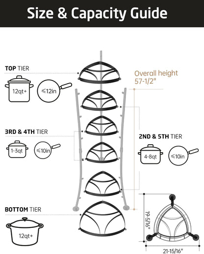 264 Lbs Capacity Freestanding Pot Rack, 6-Tier Cast Iron Cookware Stand with 6 Hooks, Pots and Pans Storage Tower for Kitchen Corner, Stable Base, Anti-tip Strap & Floor Protectors, Black