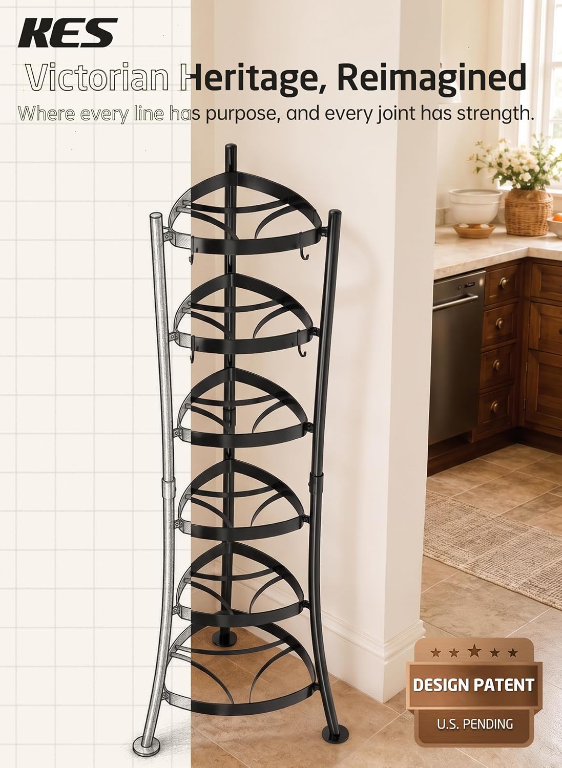 264 Lbs Capacity Freestanding Pot Rack, 6-Tier Cast Iron Cookware Stand with 6 Hooks, Pots and Pans Storage Tower for Kitchen Corner, Stable Base, Anti-tip Strap & Floor Protectors, Black