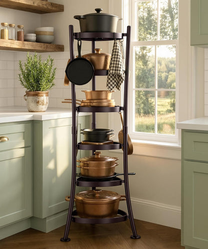 264 Lbs Capacity Freestanding Pot Rack, 6-Tier Cast Iron Cookware Stand with 6 Hooks, Pots and Pans Storage Tower for Kitchen Corner, Stable Base, Anti-tip Strap & Floor Protectors, Black