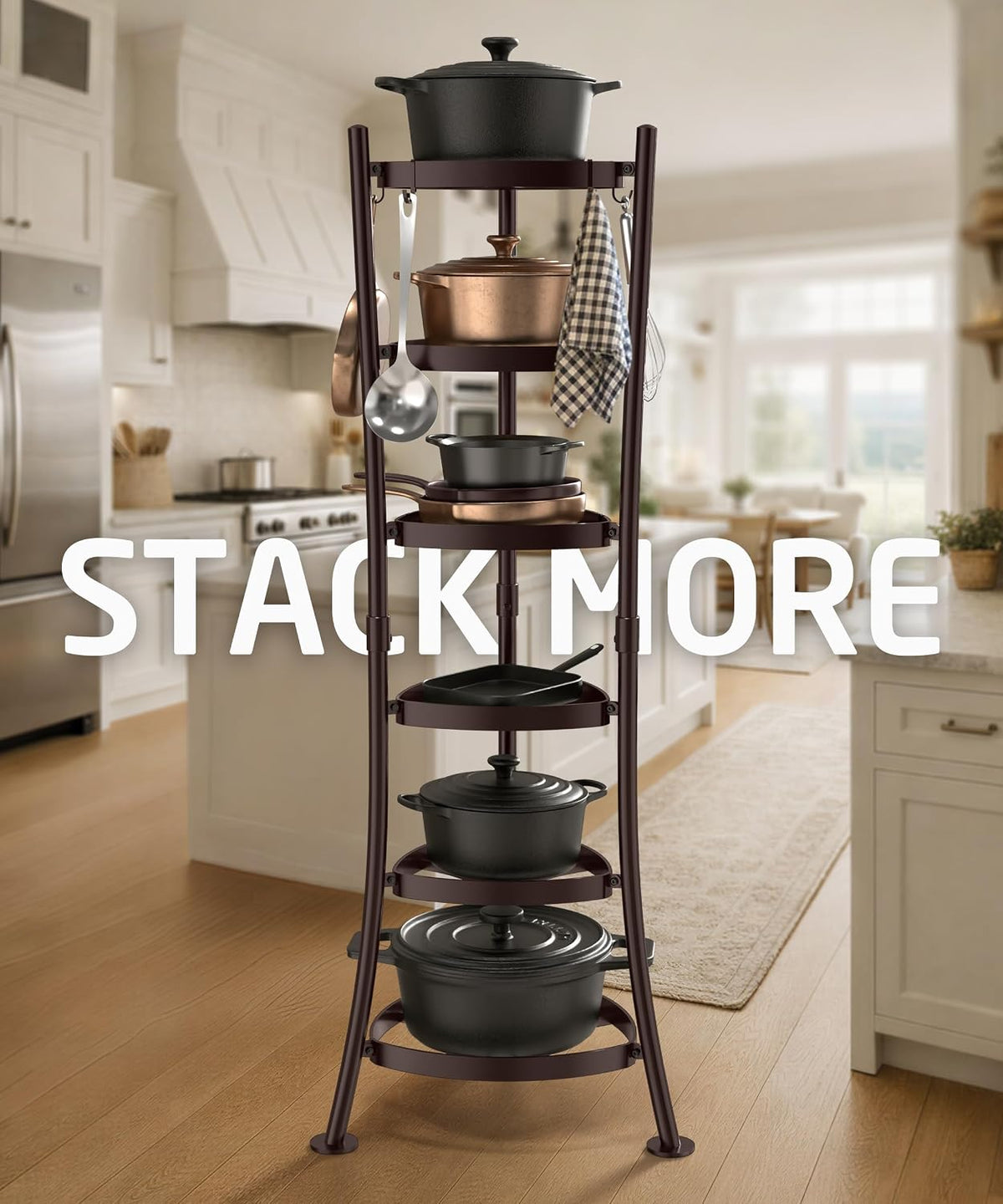 264 Lbs Capacity Freestanding Pot Rack, 6-Tier Cast Iron Cookware Stand with 6 Hooks, Pots and Pans Storage Tower for Kitchen Corner, Stable Base, Anti-tip Strap & Floor Protectors, Black
