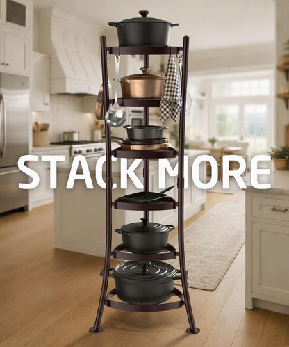 264 Lbs Capacity Freestanding Pot Rack, 6-Tier Cast Iron Cookware Stand with 6 Hooks, Pots and Pans Storage Tower for Kitchen Corner, Stable Base, Anti-tip Strap & Floor Protectors, Black