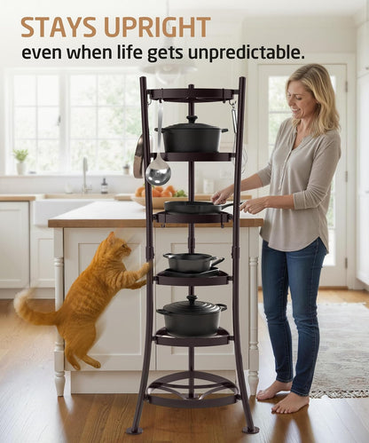 264 Lbs Capacity Freestanding Pot Rack, 6-Tier Cast Iron Cookware Stand with 6 Hooks, Pots and Pans Storage Tower for Kitchen Corner, Stable Base, Anti-tip Strap & Floor Protectors, Black