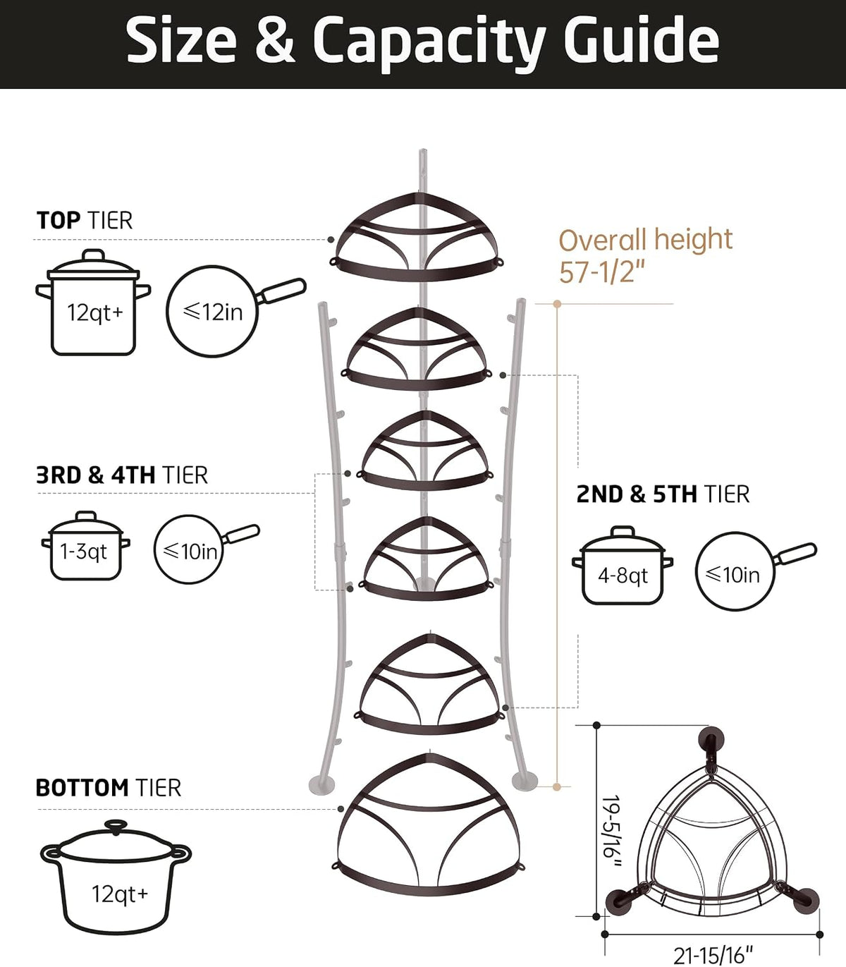 264 Lbs Capacity Freestanding Pot Rack, 6-Tier Cast Iron Cookware Stand with 6 Hooks, Pots and Pans Storage Tower for Kitchen Corner, Stable Base, Anti-tip Strap & Floor Protectors, Black