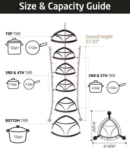 264 Lbs Capacity Freestanding Pot Rack, 6-Tier Cast Iron Cookware Stand with 6 Hooks, Pots and Pans Storage Tower for Kitchen Corner, Stable Base, Anti-tip Strap & Floor Protectors, Black