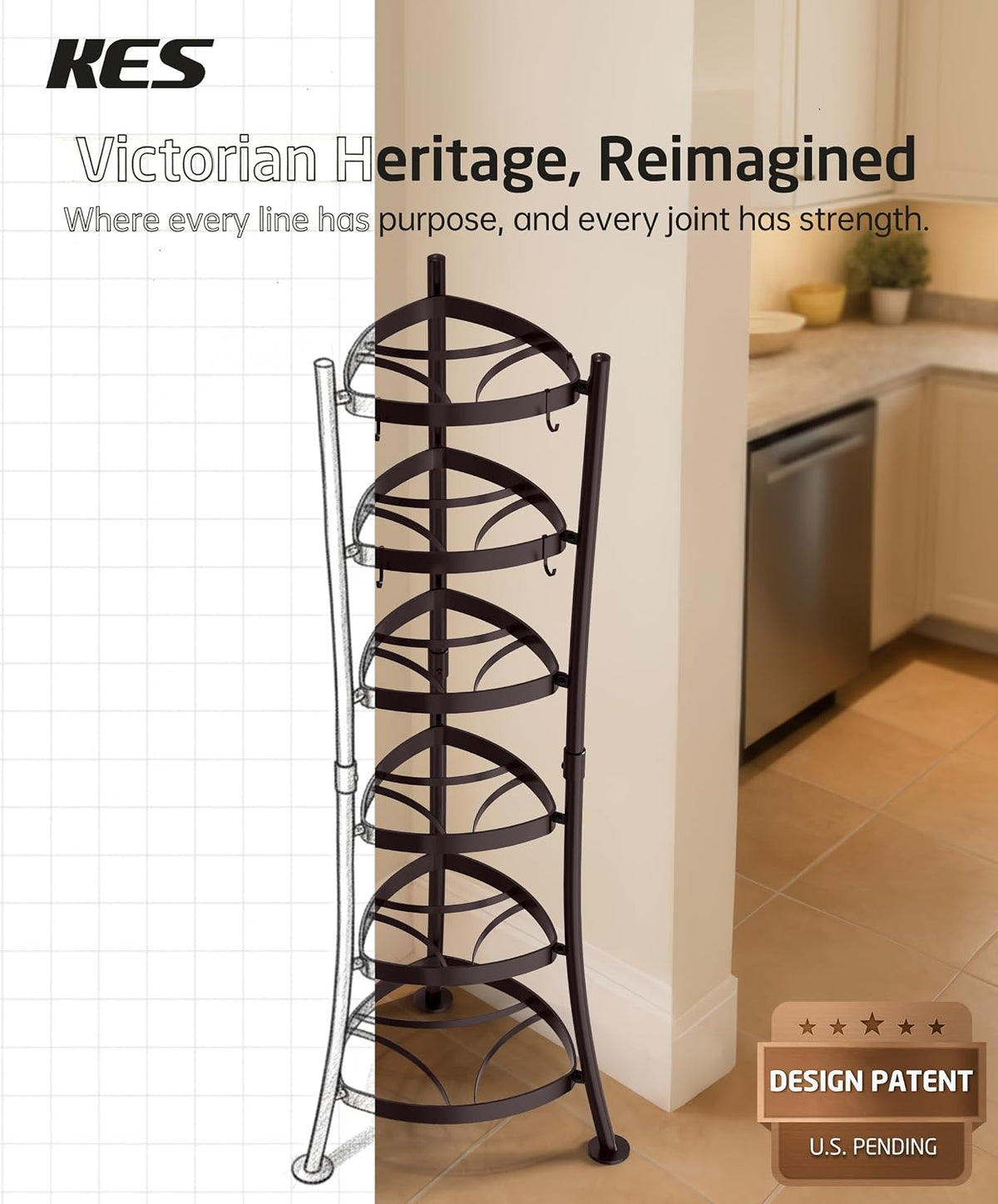 264 Lbs Capacity Freestanding Pot Rack, 6-Tier Cast Iron Cookware Stand with 6 Hooks, Pots and Pans Storage Tower for Kitchen Corner, Stable Base, Anti-tip Strap & Floor Protectors, Black
