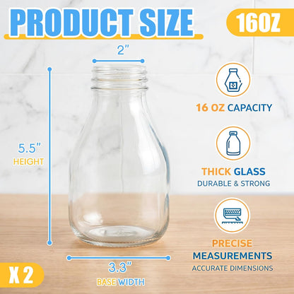 2 Pcs 16 oz Glass Salad Dressing Bottles with Dual Lid Pour Spout