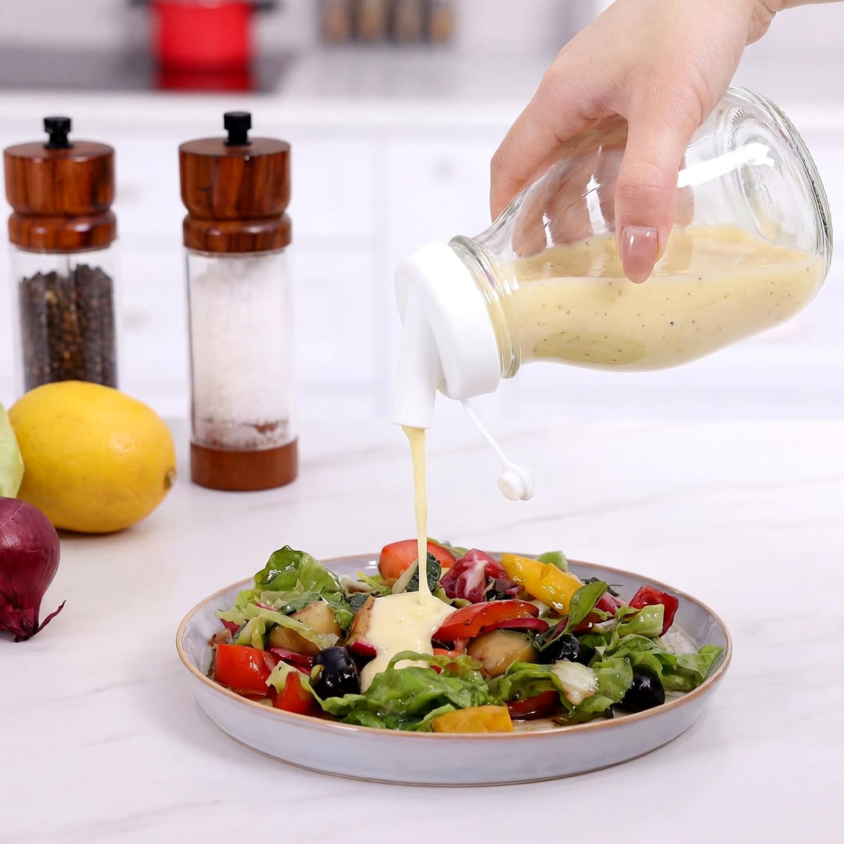 2 Pcs 16 oz Glass Salad Dressing Bottles with Dual Lid Pour Spout