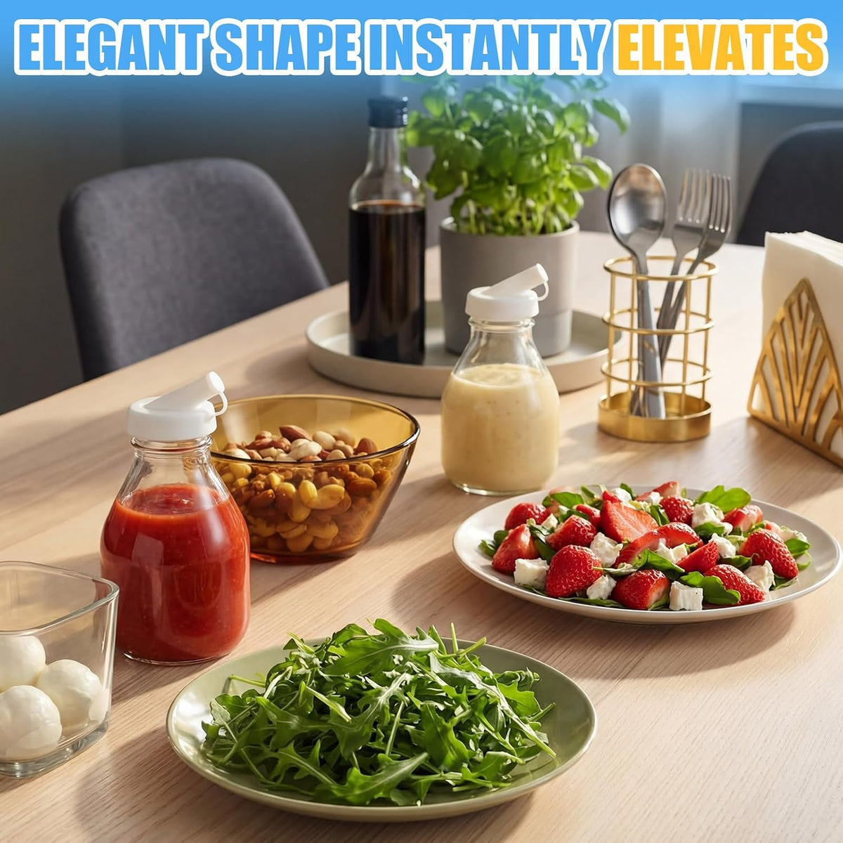 2 Pcs 16 oz Glass Salad Dressing Bottles with Dual Lid Pour Spout
