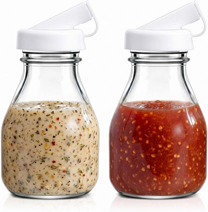 2 Pcs 16 oz Glass Salad Dressing Bottles with Dual Lid Pour Spout
