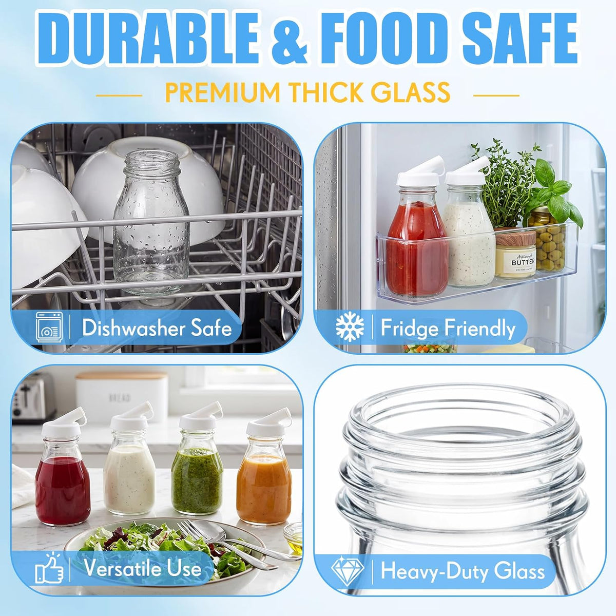 2 Pcs 16 oz Glass Salad Dressing Bottles with Dual Lid Pour Spout