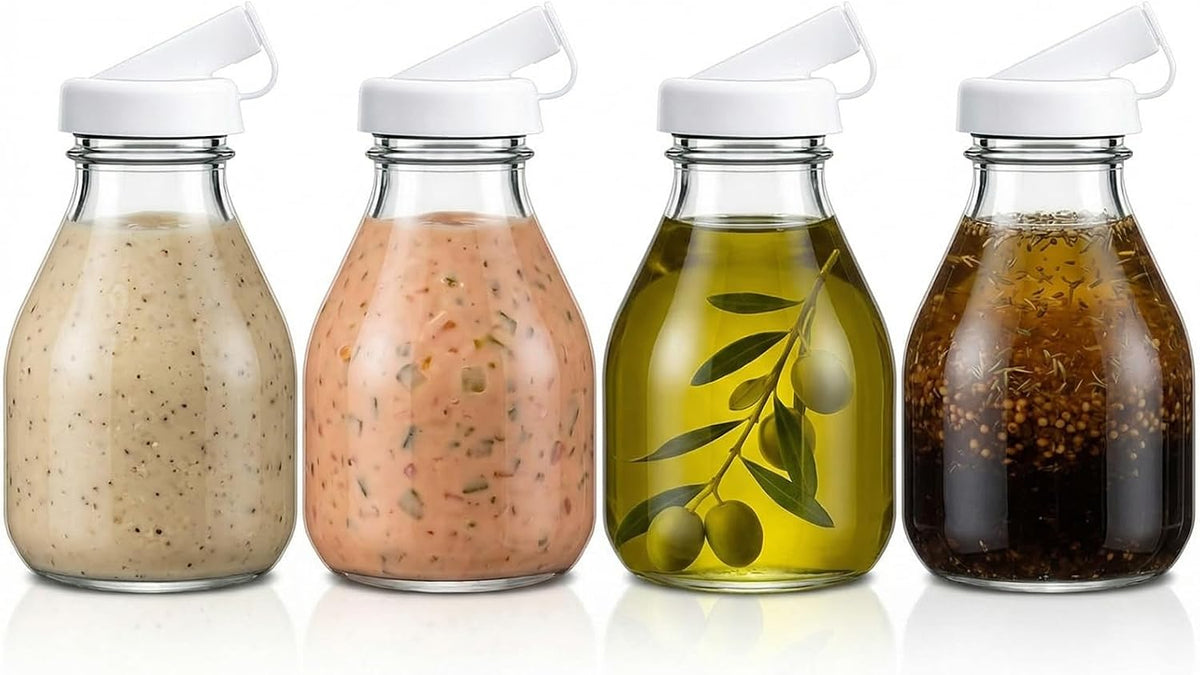 2 Pcs 16 oz Glass Salad Dressing Bottles with Dual Lid Pour Spout