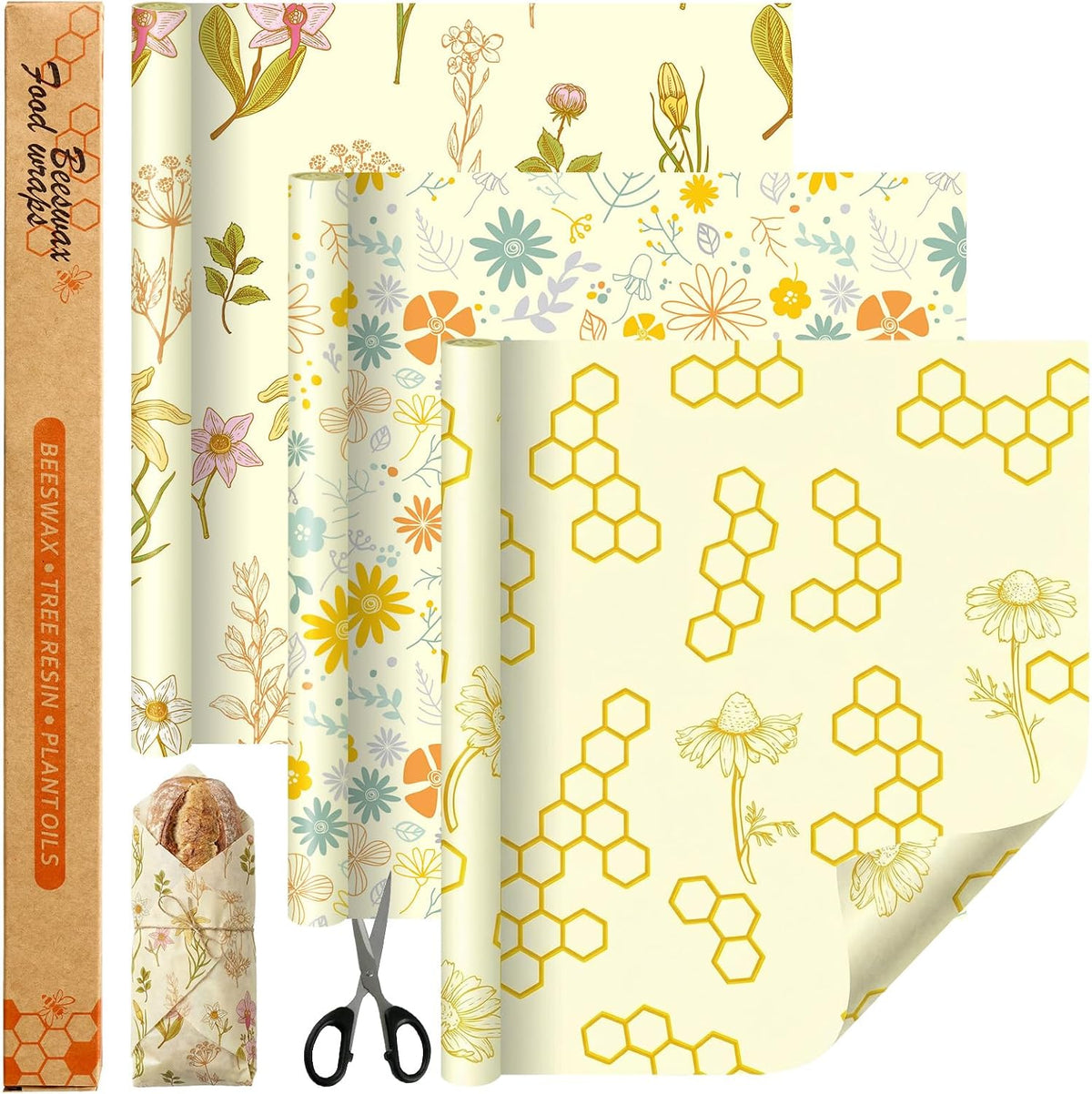 3 Rolls Reusable Beeswax Food Wrap, 13'' x 59''
