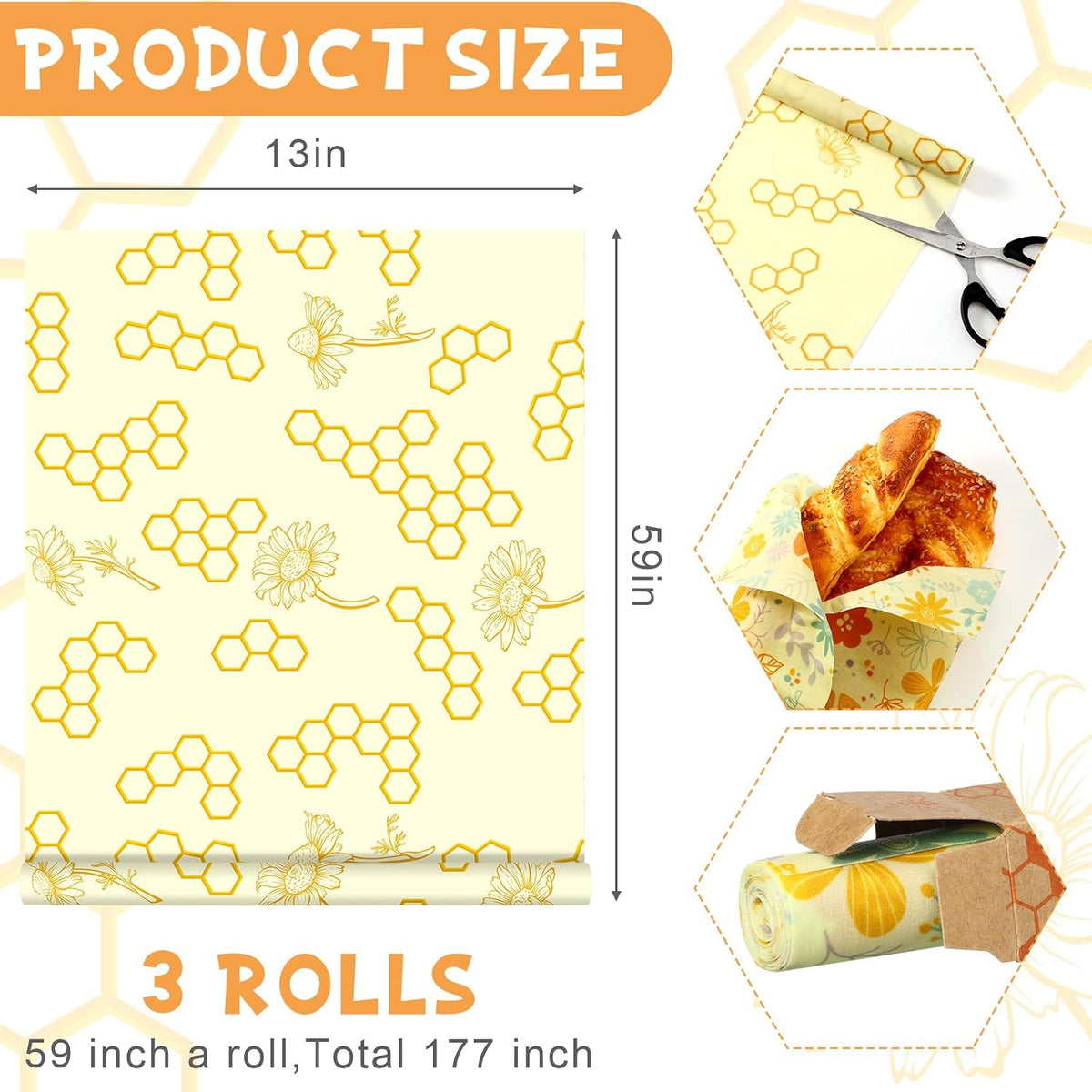 3 Rolls Reusable Beeswax Food Wrap, 13'' x 59''