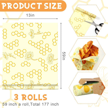 3 Rolls Reusable Beeswax Food Wrap, 13'' x 59''