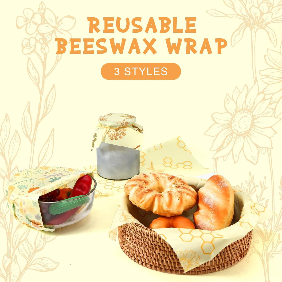 3 Rolls Reusable Beeswax Food Wrap, 13'' x 59''