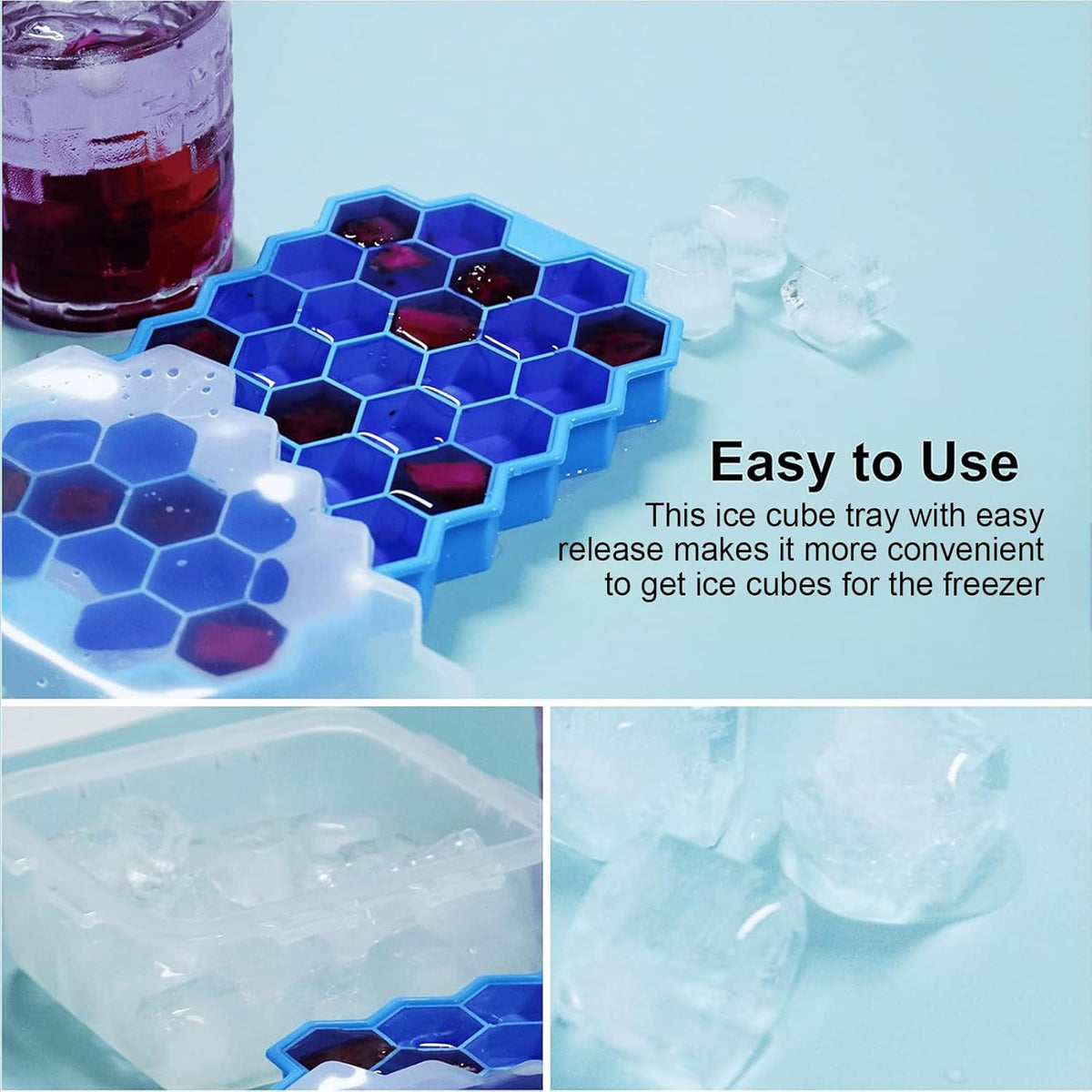 Ice Cube Trays for Freezer with Lid-3 Packs Silicone Ice Cube Tray with Lid Ice Maker,Easy-Release Reusable Ice Cube in Organizer Bins or Ice Bucket for Cocktail bar or Iced Coffee Cup