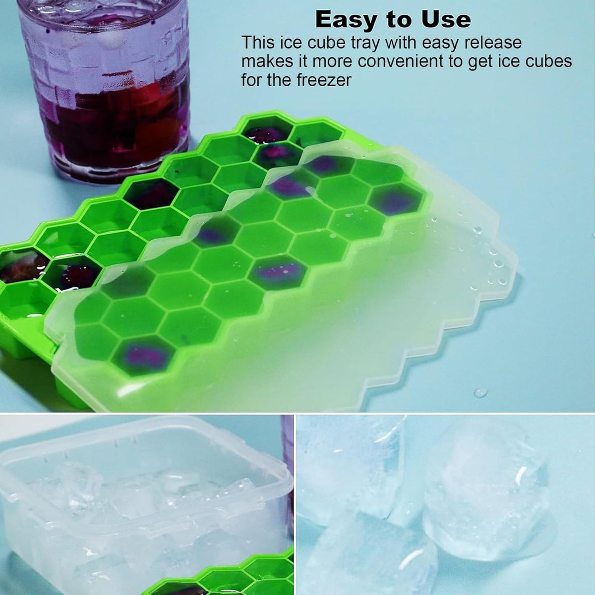 Ice Cube Trays for Freezer with Lid-3 Packs Silicone Ice Cube Tray with Lid Ice Maker,Easy-Release Reusable Ice Cube in Organizer Bins or Ice Bucket for Cocktail bar or Iced Coffee Cup