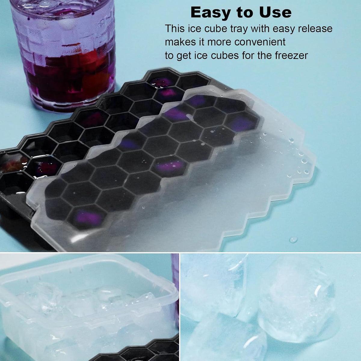Ice Cube Trays for Freezer with Lid-3 Packs Silicone Ice Cube Tray with Lid Ice Maker,Easy-Release Reusable Ice Cube in Organizer Bins or Ice Bucket for Cocktail bar or Iced Coffee Cup