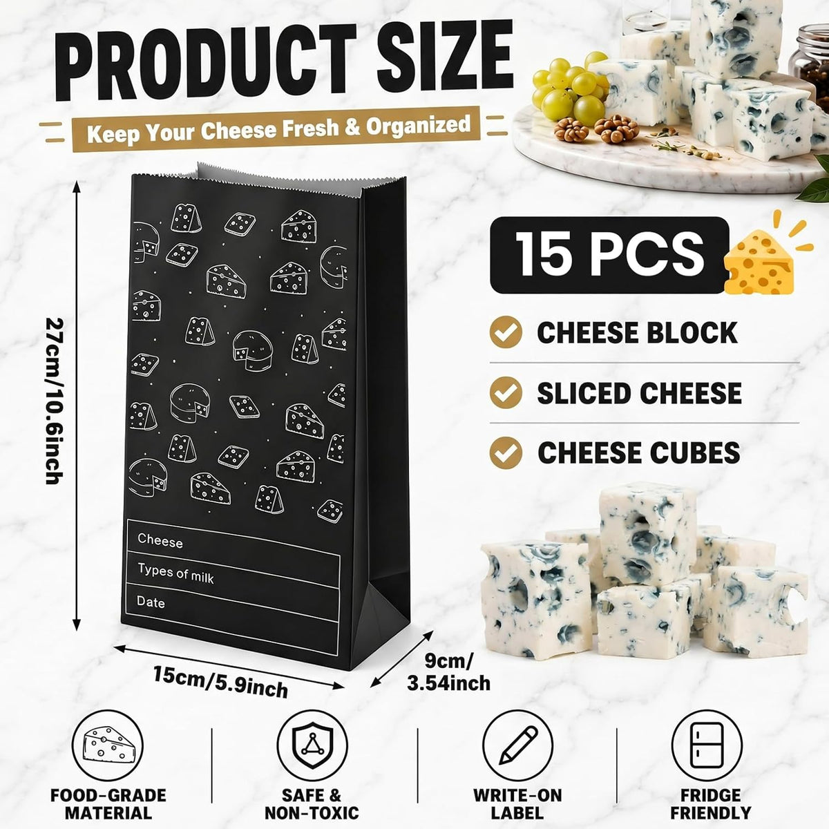30 Count Cheese Storage Bags for Refrigerator, 10.6 x 6 Inch Cheese Paper Bags for Sandwiches, Wrapping and Food Container (Brown)