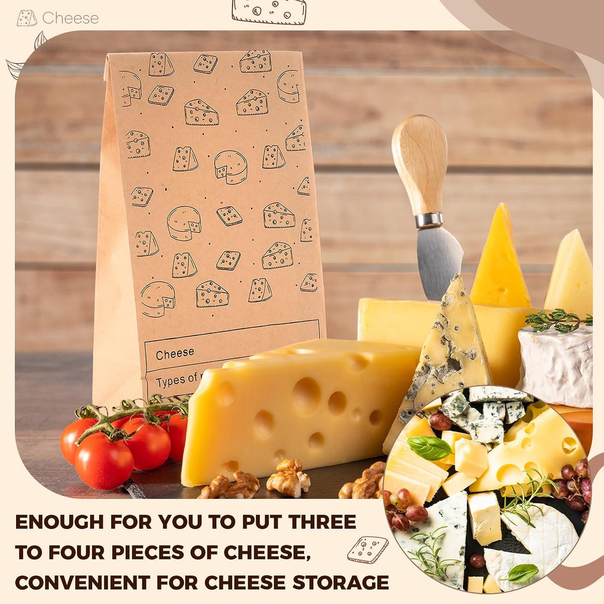 30 Count Cheese Storage Bags for Refrigerator, 10.6 x 6 Inch Cheese Paper Bags for Sandwiches, Wrapping and Food Container (Brown)
