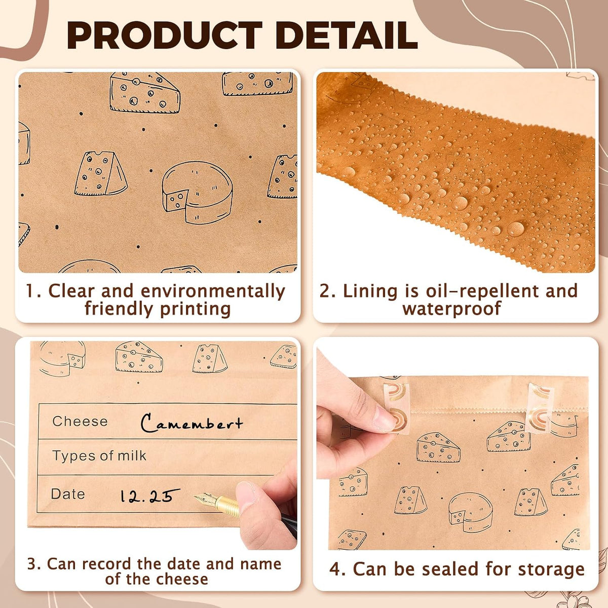 30 Count Cheese Storage Bags for Refrigerator, 10.6 x 6 Inch Cheese Paper Bags for Sandwiches, Wrapping and Food Container (Brown)