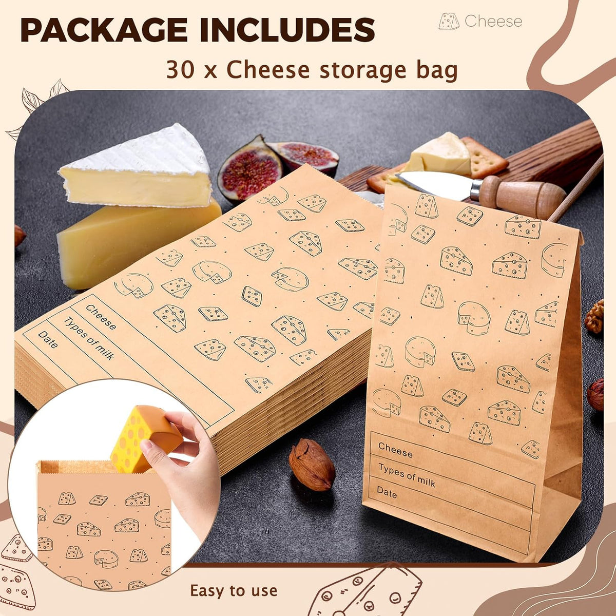 30 Count Cheese Storage Bags for Refrigerator, 10.6 x 6 Inch Cheese Paper Bags for Sandwiches, Wrapping and Food Container (Brown)