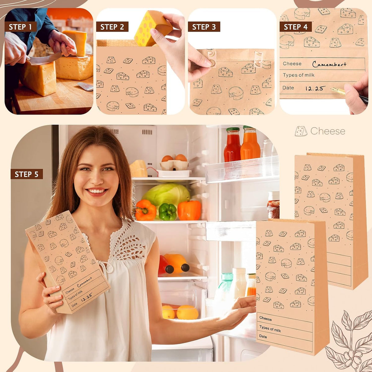 30 Count Cheese Storage Bags for Refrigerator, 10.6 x 6 Inch Cheese Paper Bags for Sandwiches, Wrapping and Food Container (Brown)