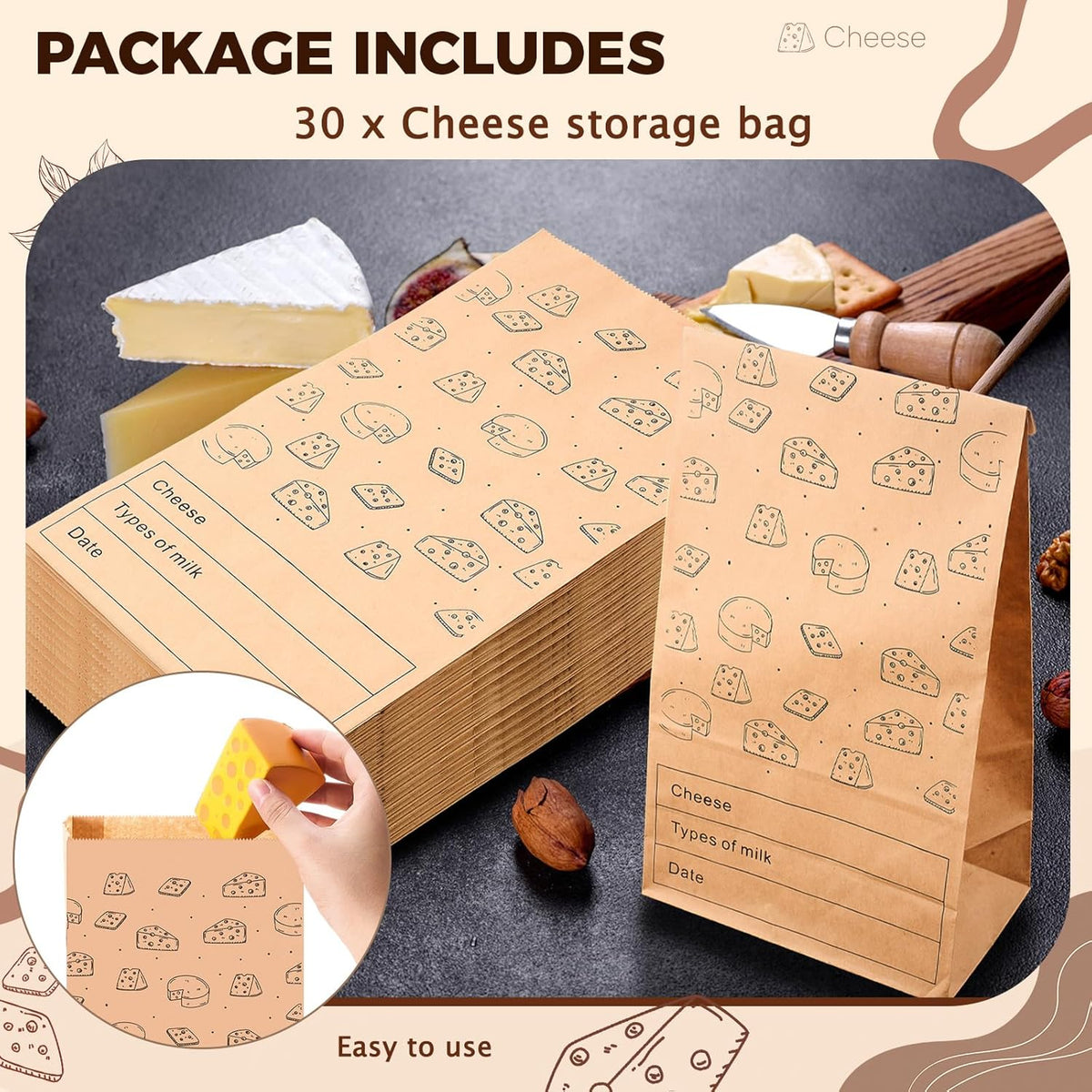 30 Count Cheese Storage Bags for Refrigerator, 10.6 x 6 Inch Cheese Paper Bags for Sandwiches, Wrapping and Food Container (Brown)