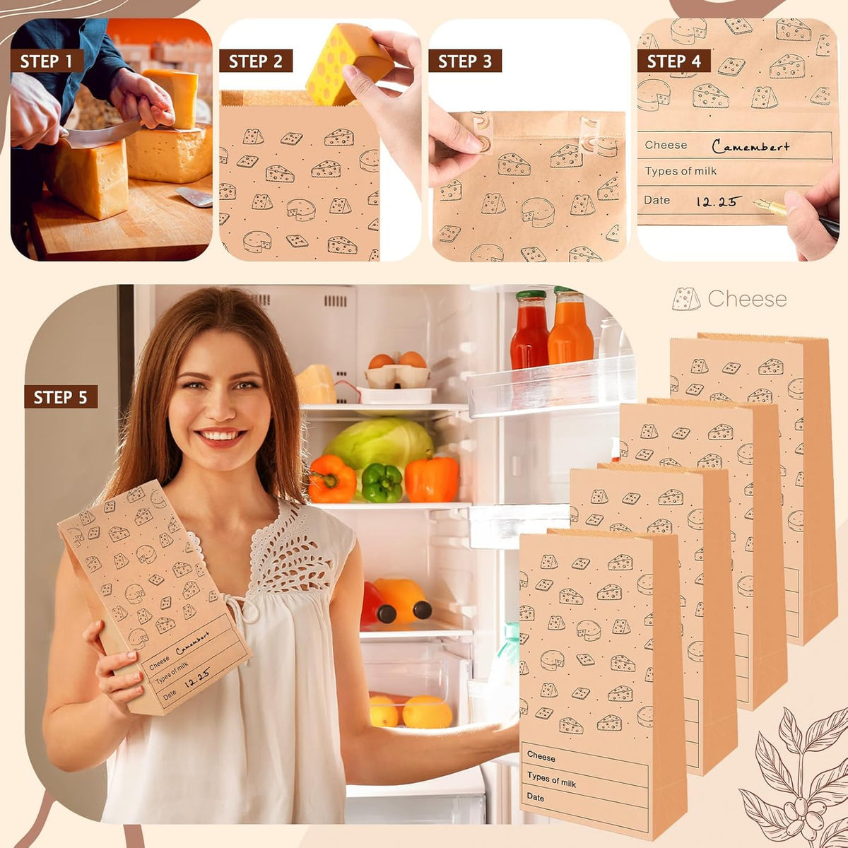 30 Count Cheese Storage Bags for Refrigerator, 10.6 x 6 Inch Cheese Paper Bags for Sandwiches, Wrapping and Food Container (Brown)