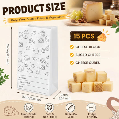30 Count Cheese Storage Bags for Refrigerator, 10.6 x 6 Inch Cheese Paper Bags for Sandwiches, Wrapping and Food Container (Brown)