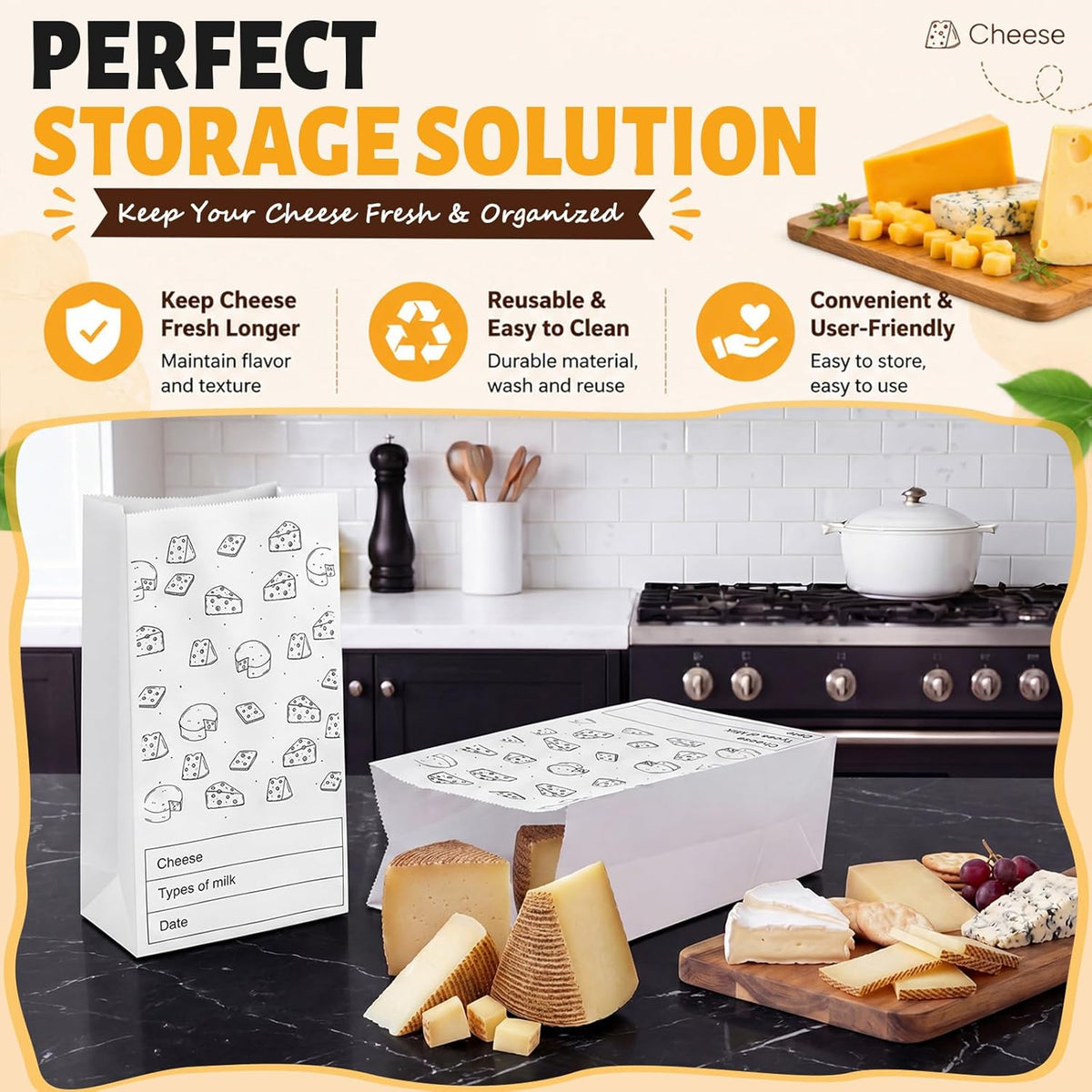 30 Count Cheese Storage Bags for Refrigerator, 10.6 x 6 Inch Cheese Paper Bags for Sandwiches, Wrapping and Food Container (Brown)