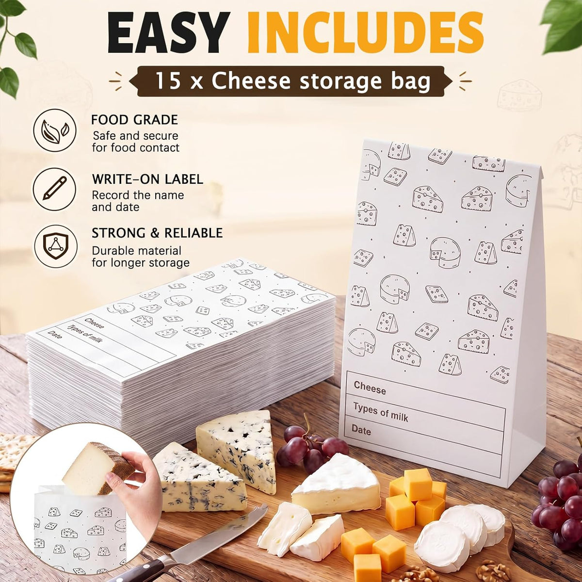 30 Count Cheese Storage Bags for Refrigerator, 10.6 x 6 Inch Cheese Paper Bags for Sandwiches, Wrapping and Food Container (Brown)