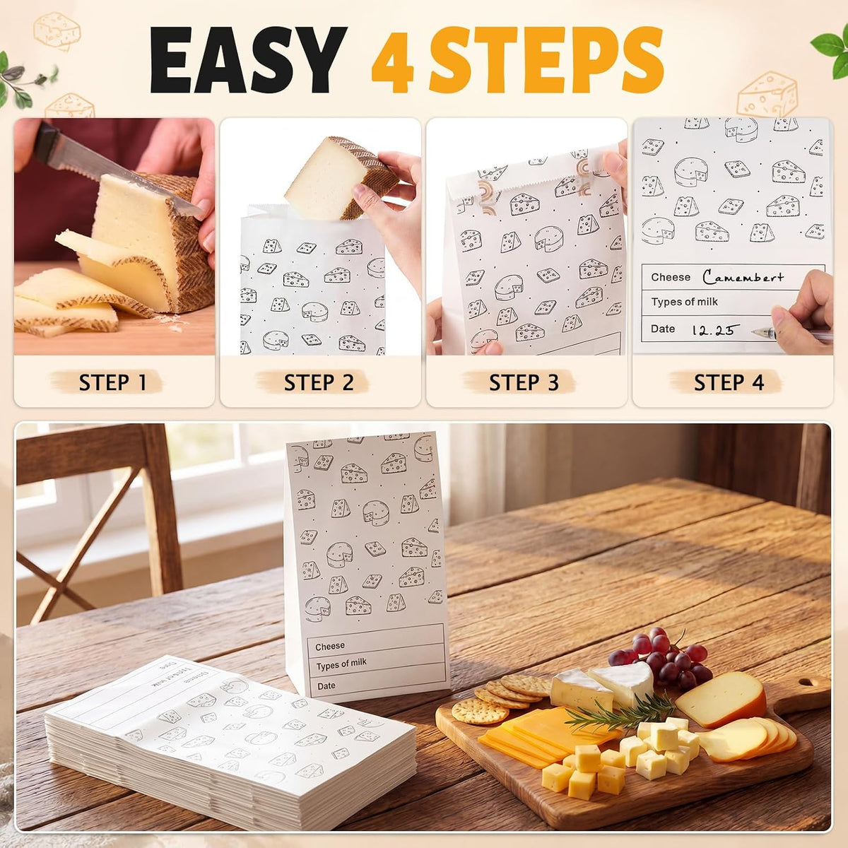 30 Count Cheese Storage Bags for Refrigerator, 10.6 x 6 Inch Cheese Paper Bags for Sandwiches, Wrapping and Food Container (Brown)