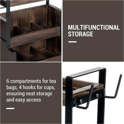 MyGift 3 Tier Tabletop Tea Bag Organizer, Teacup Storage Stand, 6 Compartment with Top Shelf, 4 Mug Holder Hooks, Black Metal Frame and Rustic Burnt Solid Wood