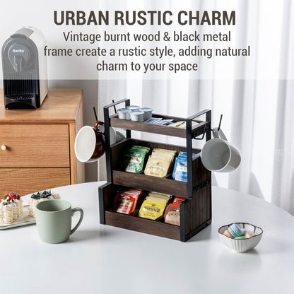 MyGift 3 Tier Tabletop Tea Bag Organizer, Teacup Storage Stand, 6 Compartment with Top Shelf, 4 Mug Holder Hooks, Black Metal Frame and Rustic Burnt Solid Wood